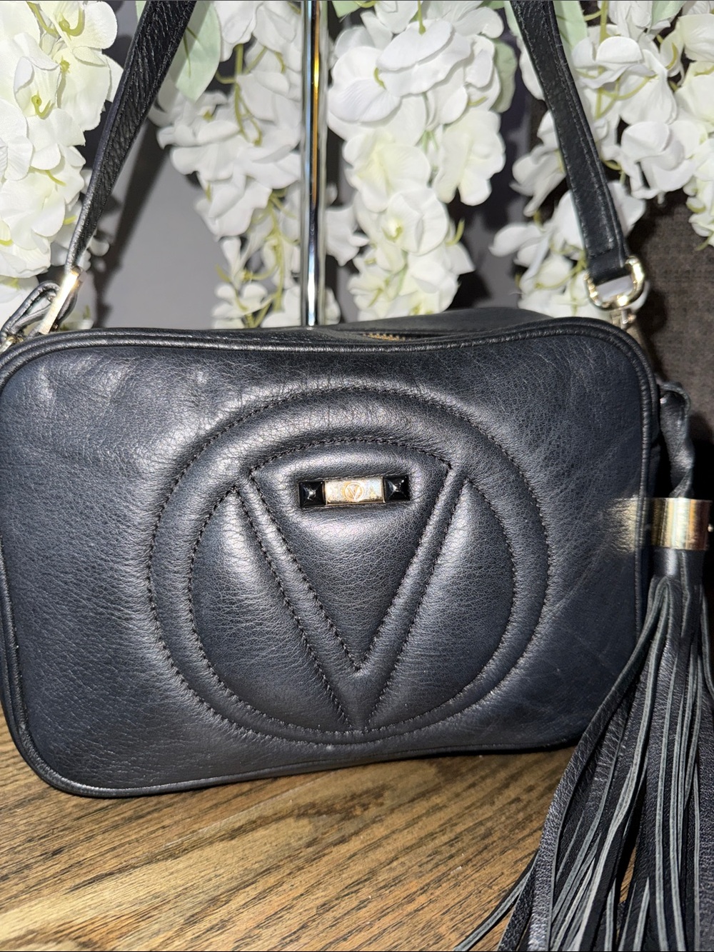 Valentino Italy Black Leather Crossbody with Signature V and Tassel